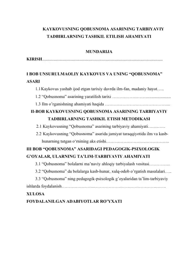 Kaykovusning Qobusnoma Asarining Tarbiyaviy Tadbirlarning Tashkil Etish Ahamiyati