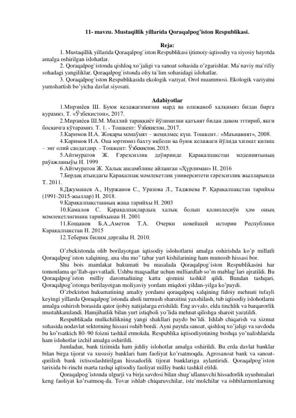 Mustaqillik yillarida Qoraqalpog’iston Respublikasida amalga oshirilgan islohatlar