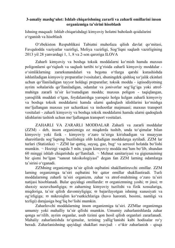 3-amaliy mashg‘ulot: Ishlab chiqarishning zararli va zaharli omillarini inson organizmiga ta’sirini hisoblash