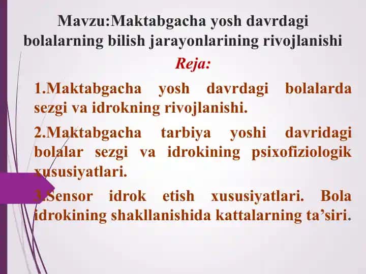 Maktabgacha yosh davrdagi bolalarning bilish jarayonlarining rivojlanishi