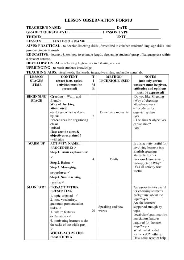 Lesson Observation Form 3