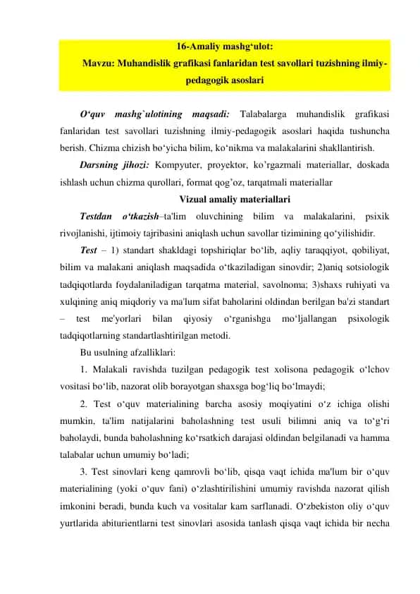 Amaliy mashg‘ulot: Muhandislik grafikasi fanlaridan test savollari tuzishning ilmiy-pedagogik asoslari