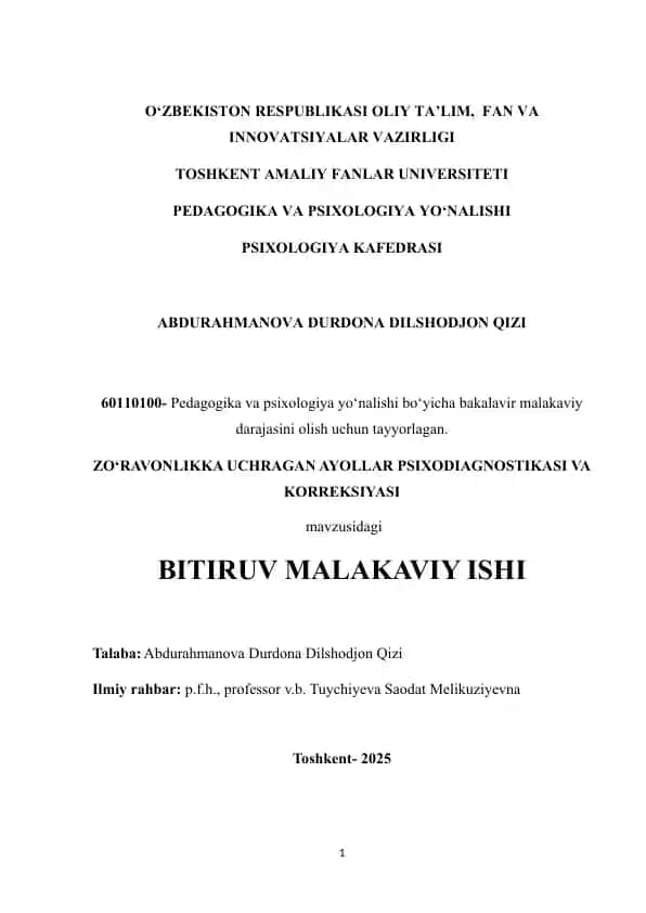 ZO‘RAVONLIKKA UCHRAGAN AYOLLAR PSIXODIAGNOSTIKASI VA KORREKSIYASI
