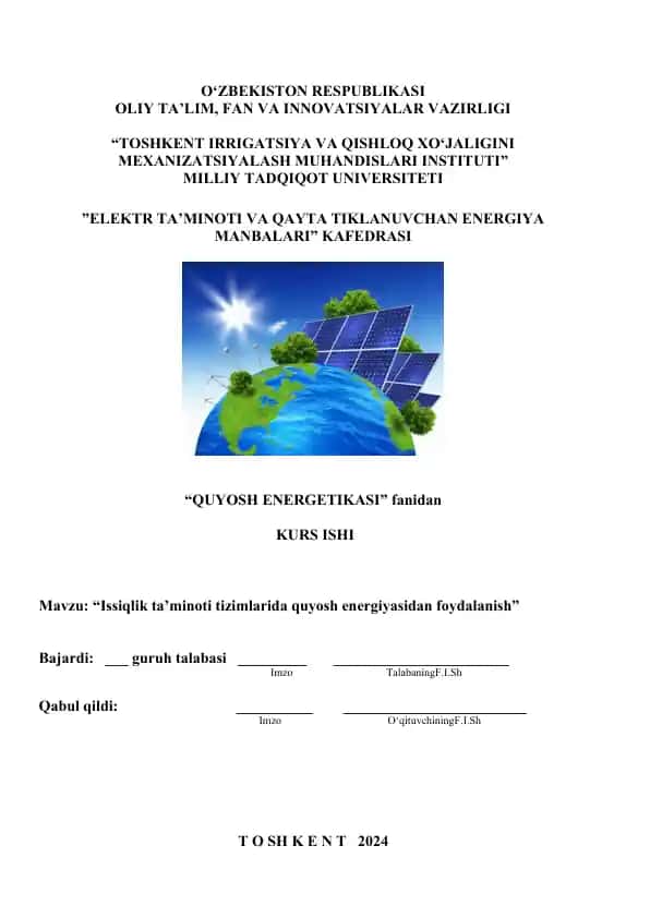 "Issiqlik ta’minoti tizimlarida quyosh energiyasidan foydalanish"