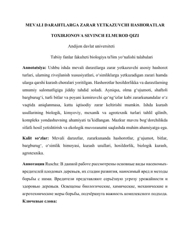 Mevali daraxtlarga zarar yetkazuvchi hashorotlar