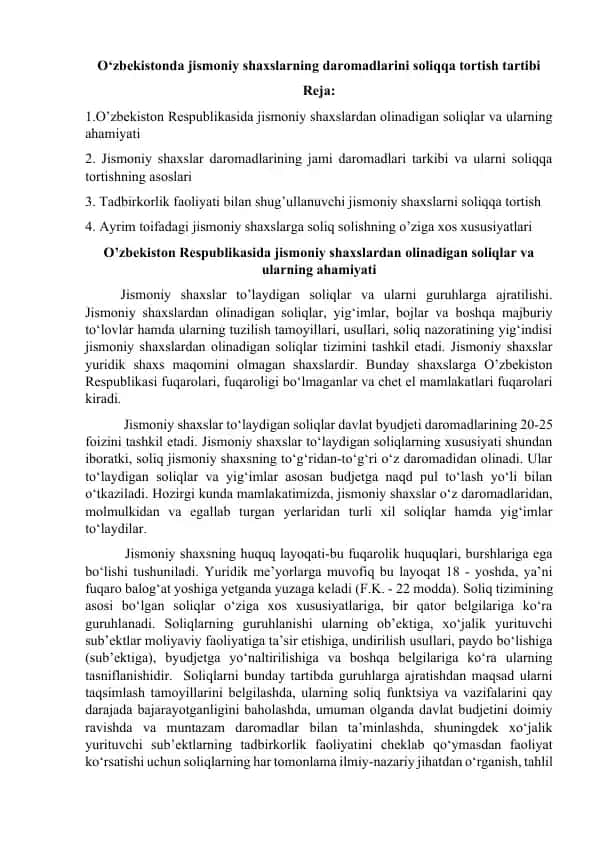 O'zbekistonda jismoniy shaxslarning daromadlarini soliqqa tortish tartibi
