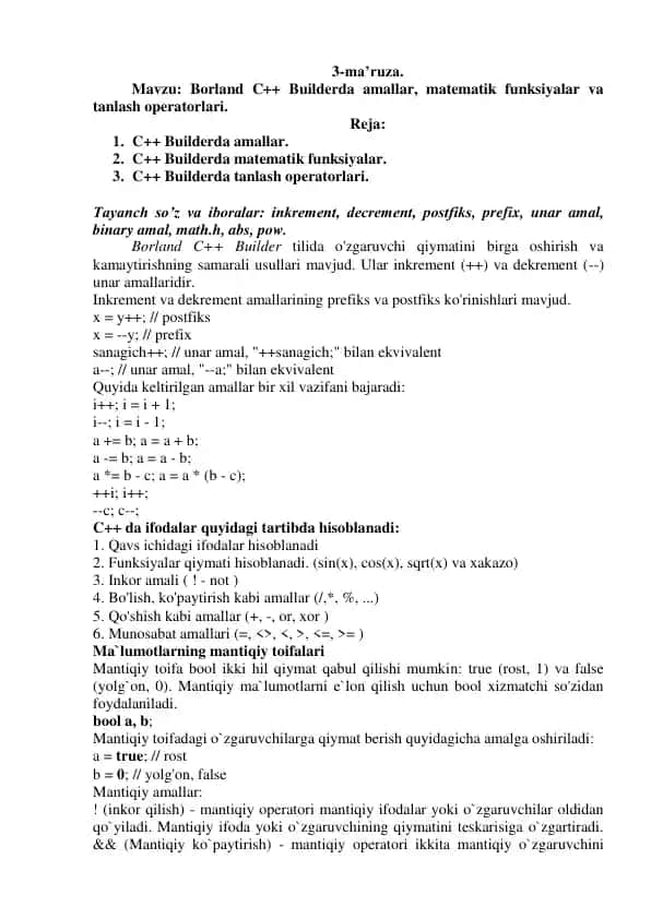 Borland C++ Builderdagi amallar