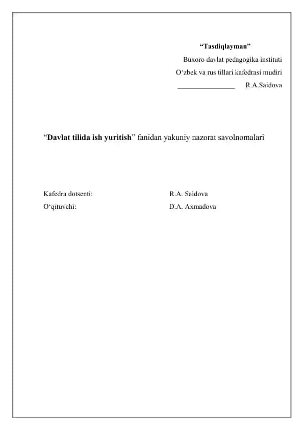 “Davlat tilida ish yuritish” fanidan yakuniy nazorat savolnomalari