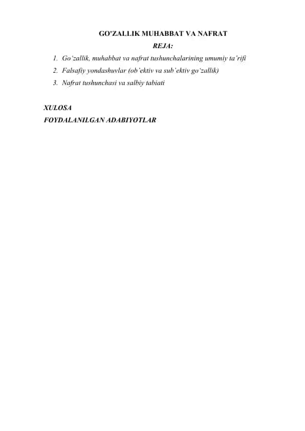 GO'ZALLIK MUHABBAT VA NAFRAT