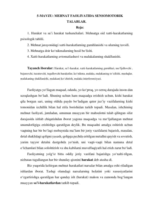 Mehnat Faoliyatida Sensomotorik Talablar