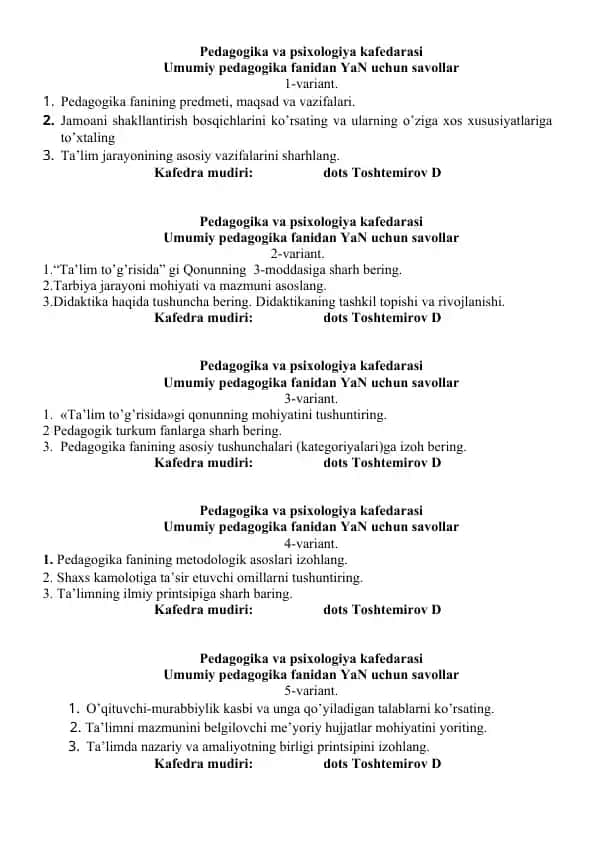 Pedagogika va psixologiya kafedarasi