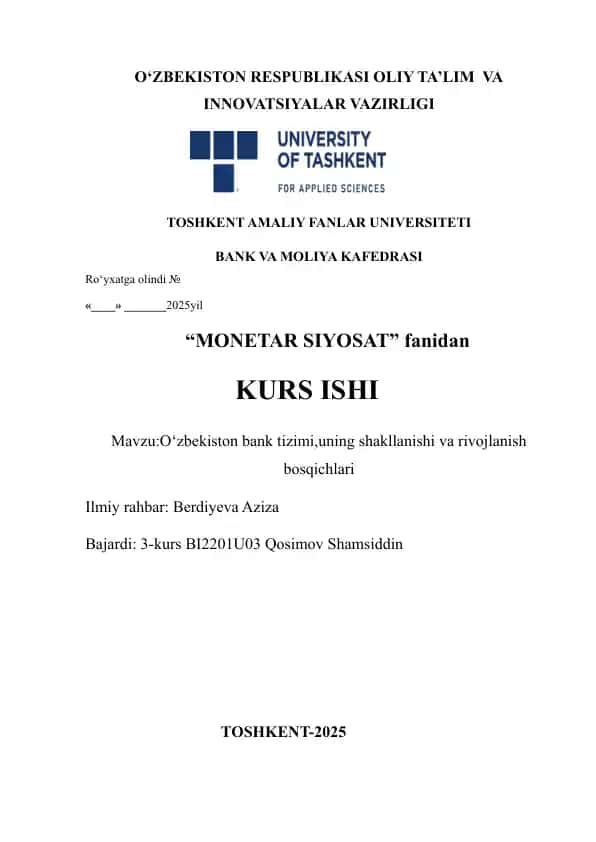O'zbekiston bank tizimi, uning shakllanishi va rivojlanish bosqichlari