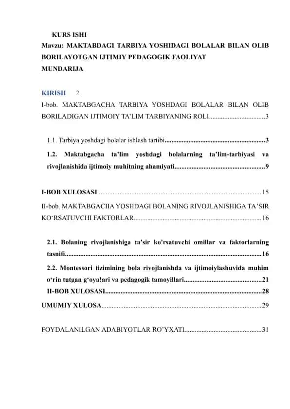 Maktab kurs ishi: Maktabdagi tarbiya yoshidagi bolalar bilan olib borilayotgan ijtimoiy pedagogik faoliyat