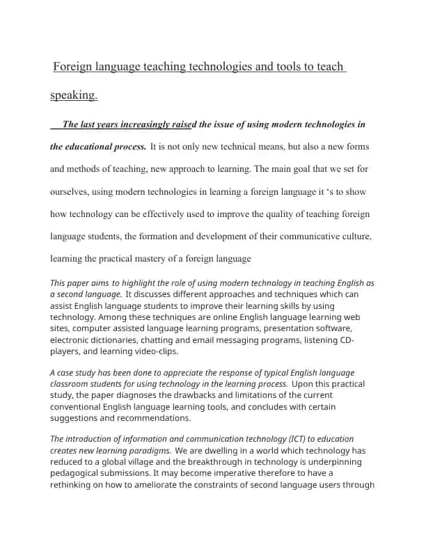 Foreign language teaching technologies and tools to teach speaking