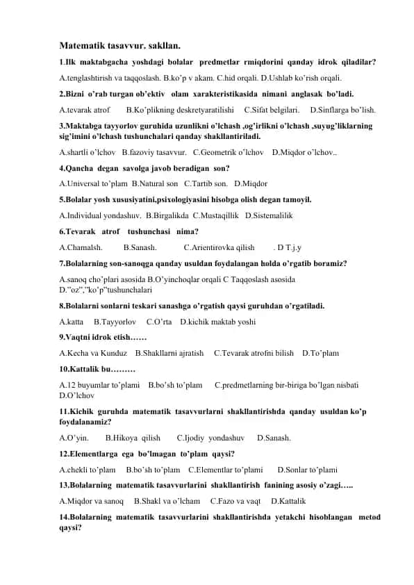 Matematik tasavvur shakllantirish uchun savollar to‘plami