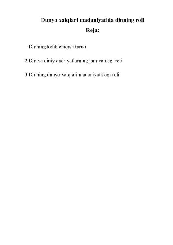 Dunyo xalqlari madaniyatida dinning roli