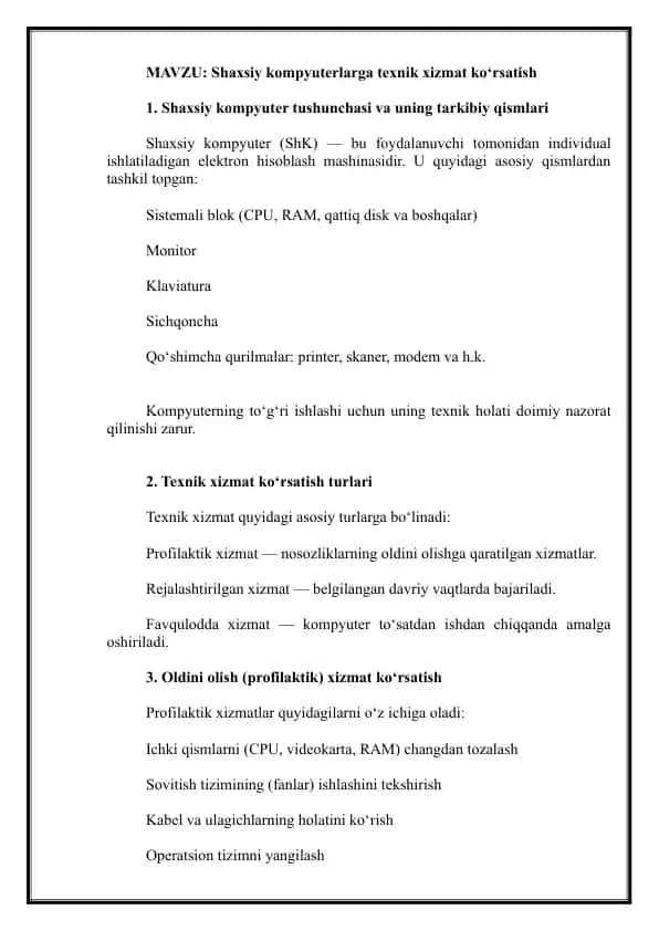 Shaxsiy kompyuterlarga texnik xizmat ko‘rsatish