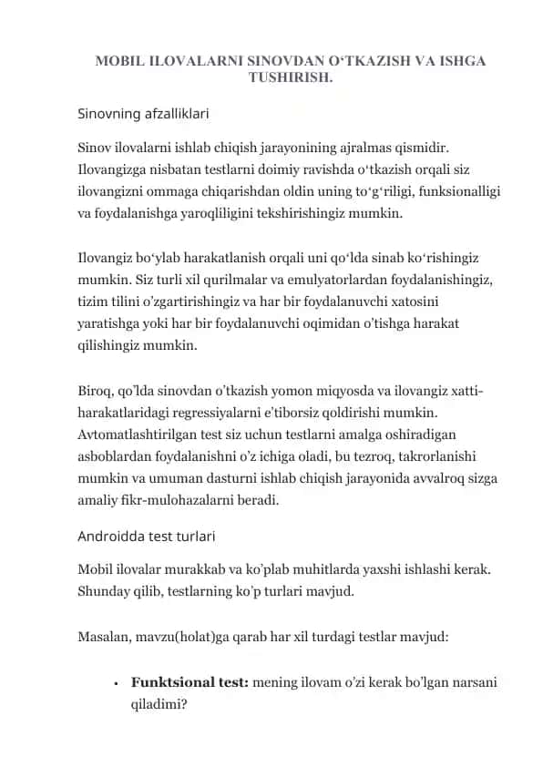 MOBIL ILOVALARNI SINOVDAN O‘TKAZISH VA ISHGA TUSHIRISH
