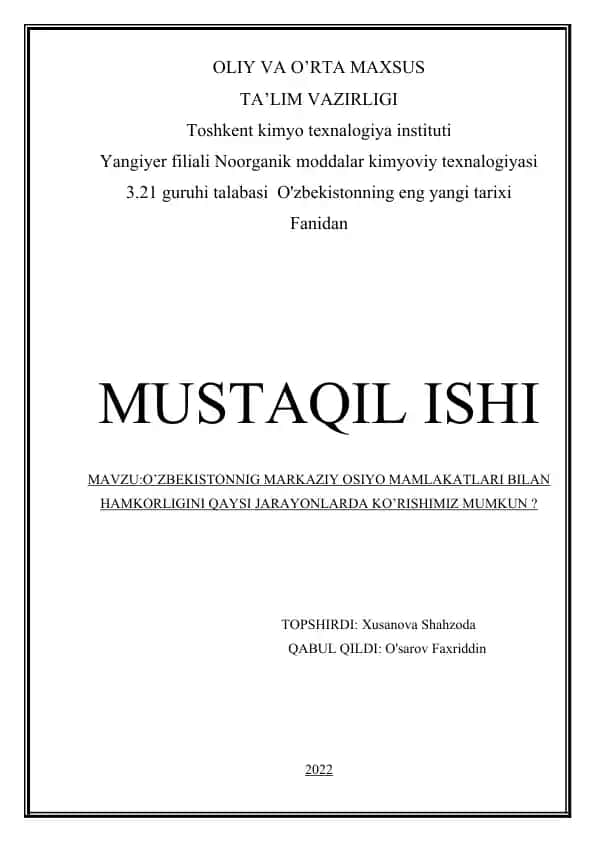O'zbekistonning Markaziy Osiyo mamlakatlari bilan hamkorligi