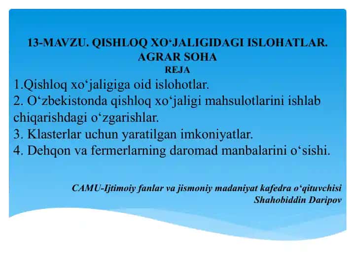Qishloq xo‘jaligiga oid islohotlar