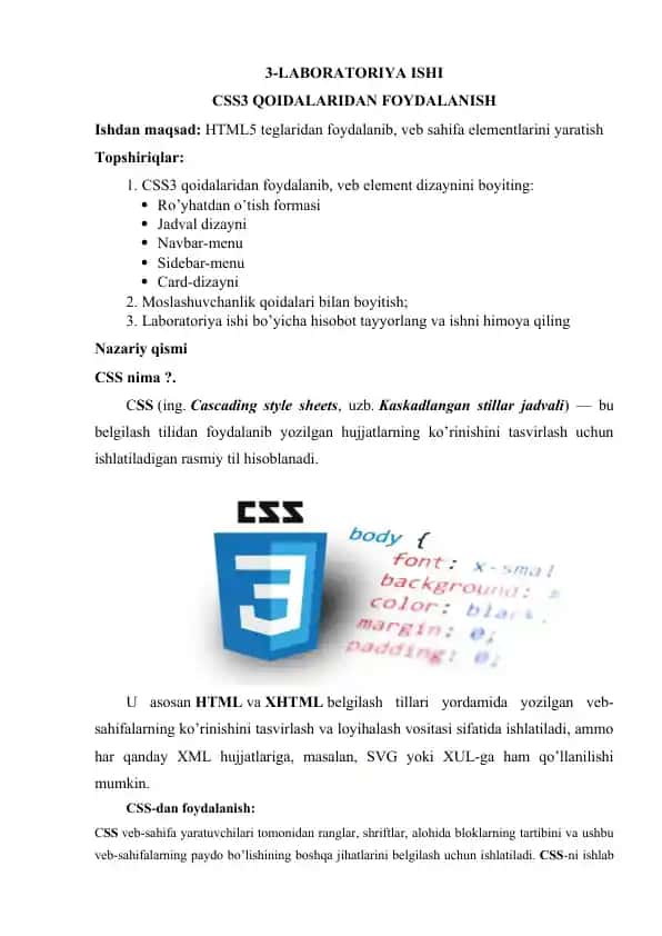 Laboratoriya ishi - CSS3 Qoidalari