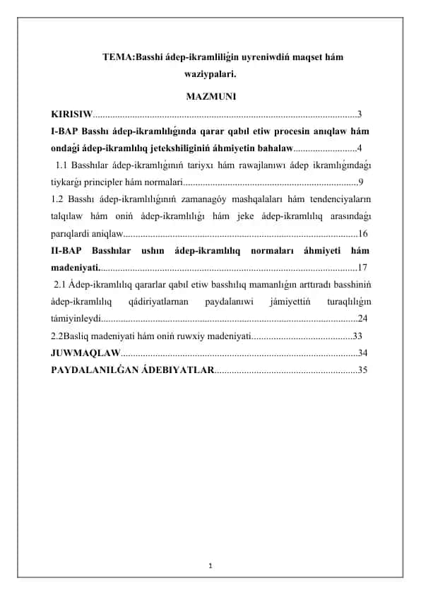 Basshi ádep-ikramliliǵin uyreniwdiń maqset hám waziypalari