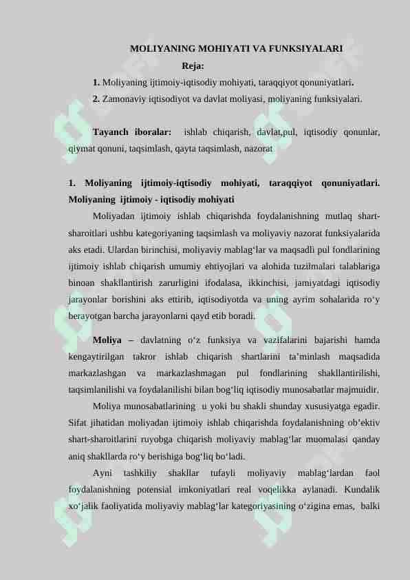 MOLIYANING MOHIYATI VA FUNKSIYALARI