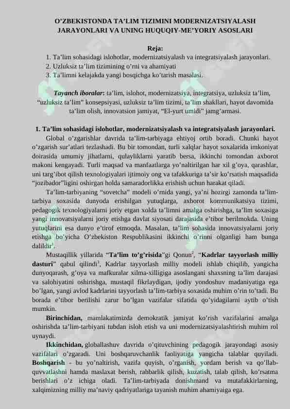 O'ZBEKISTONDA TA'LIM TIZIMINI MODERNIZATSIYALASH JARAYONLARI VA UNING HUQUQIY-ME'YORIY ASOSLARI