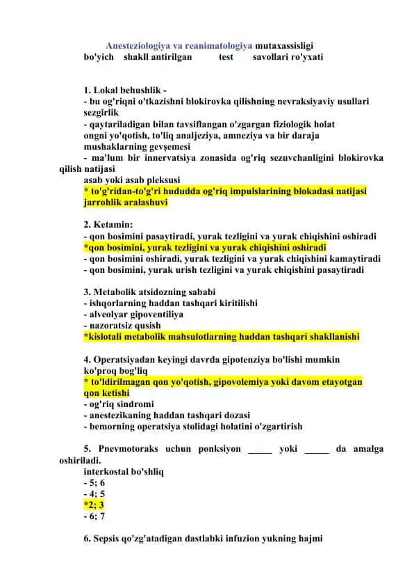 Anesteziologiya va reanimatologiya mutaxassisligi bo‘yicha shakllantirilgan test savollari ro‘yxati