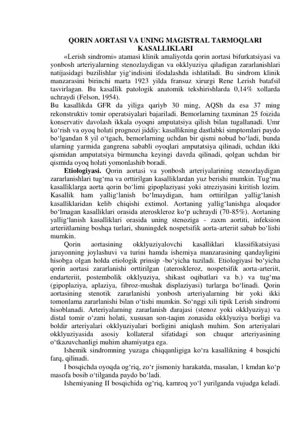 Qorin aortasi va uning magistral tarmoqlari kasalliklari