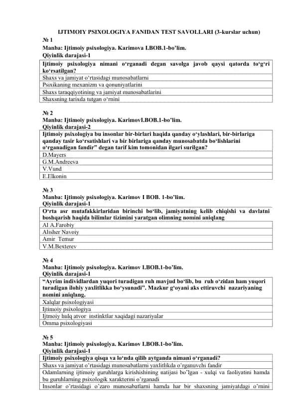 IJTIMOIY PSIXOLOGIYA FANIDAN TEST SAVOLLARI (3-kurslar uchun)