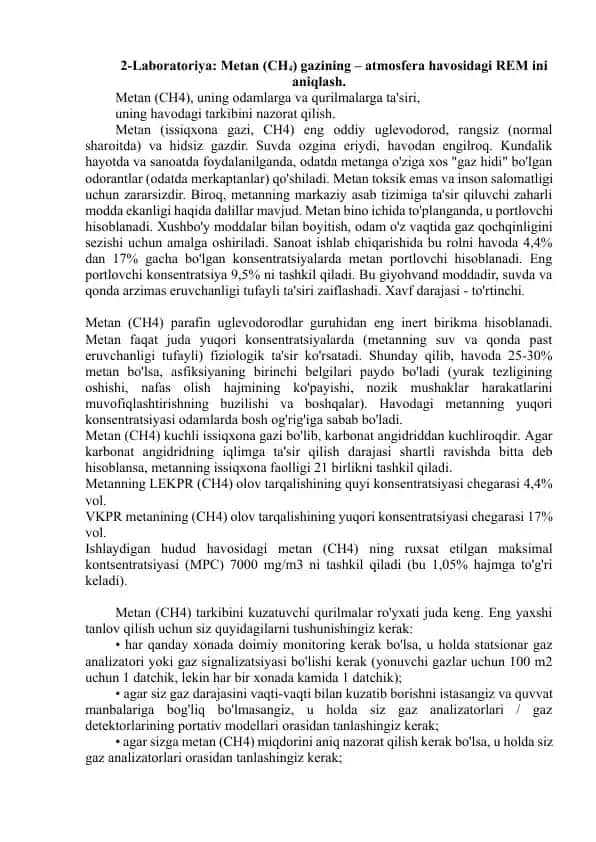 Metan (CH4) gazining REM ini aniqlash
