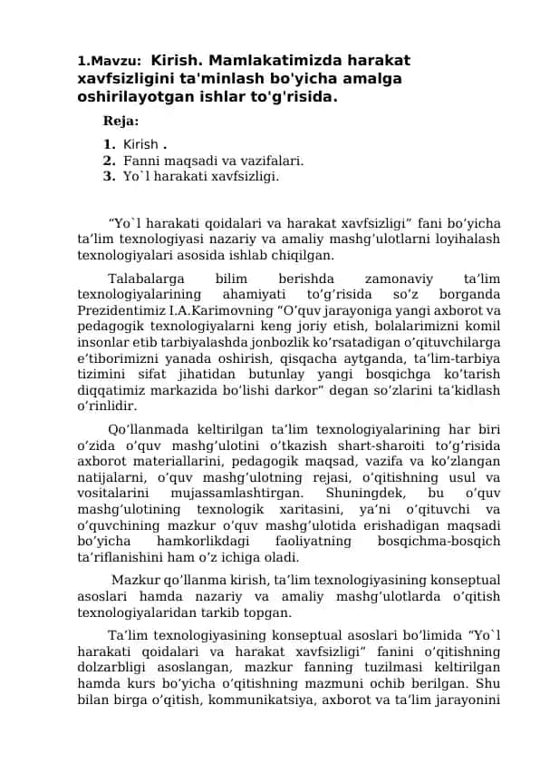 Yo`l harakati qoidalari va harakat xavfsizligi
