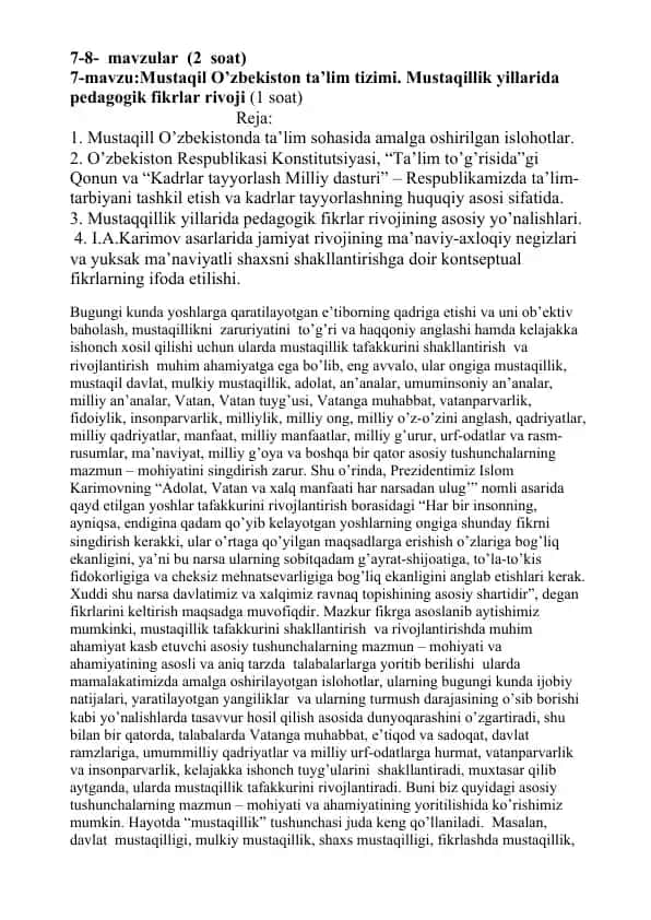 Mustaqil O’zbekiston ta’lim tizimi. Mustaqillik yillarida pedagogik fikrlar rivoji