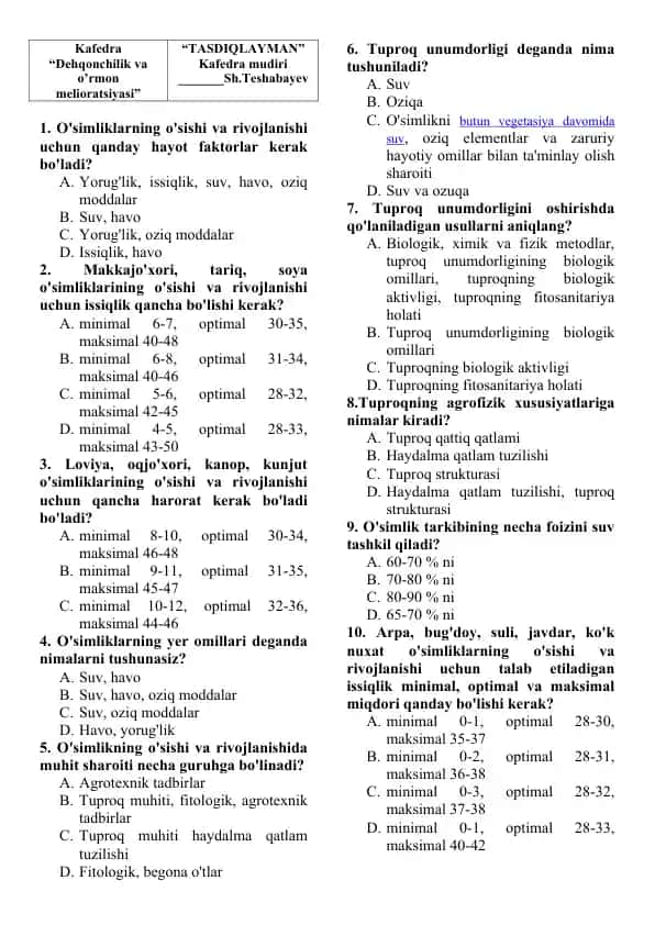 O'simliklar hayot faktorlari haqida test savollari