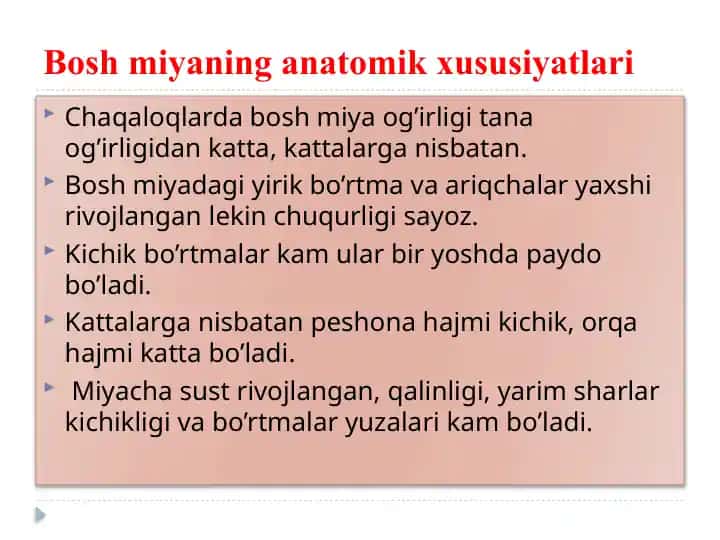Boshmiyaning anatomik xususiyatlari