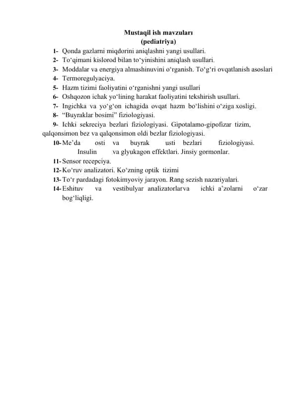 Mustaqil ish mavzuları (pediatriya)