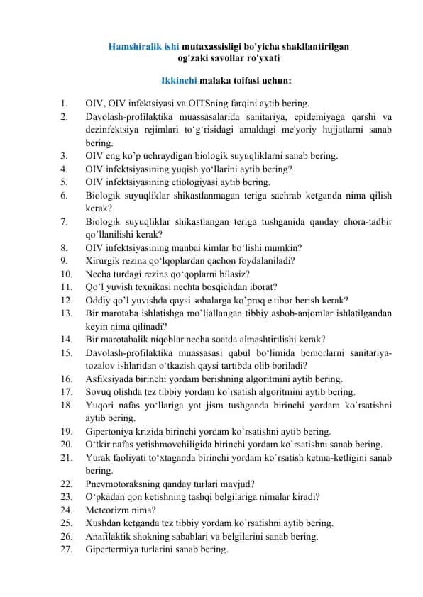 Hamshiralik ishi mutaxassisligi uchun og‘zaki savollar ro‘yxati
