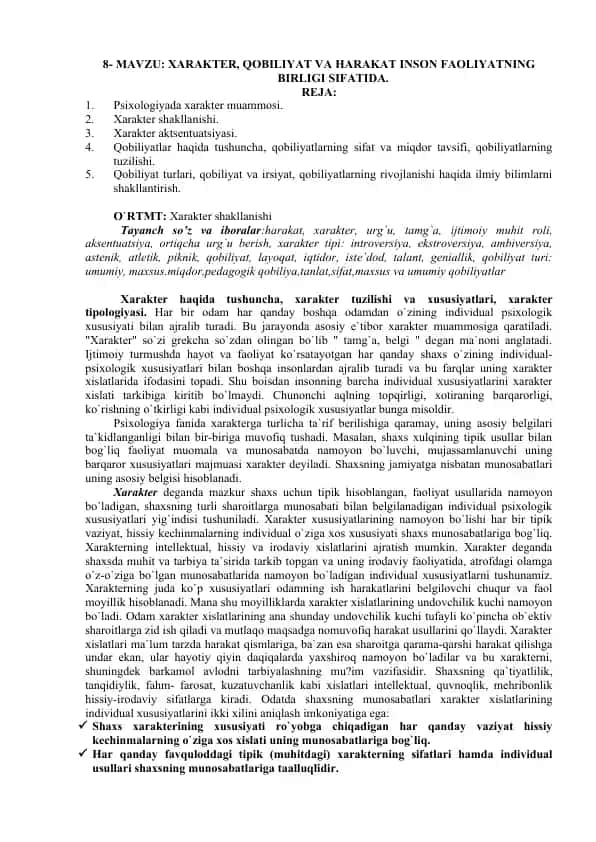 Xarakter va Qobiliyatlar