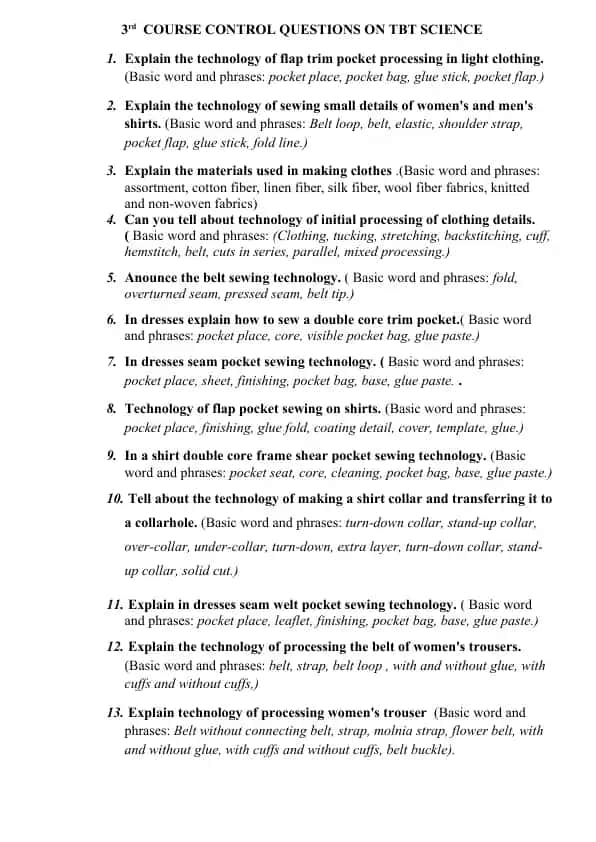 Clothing Technology Control Questions
