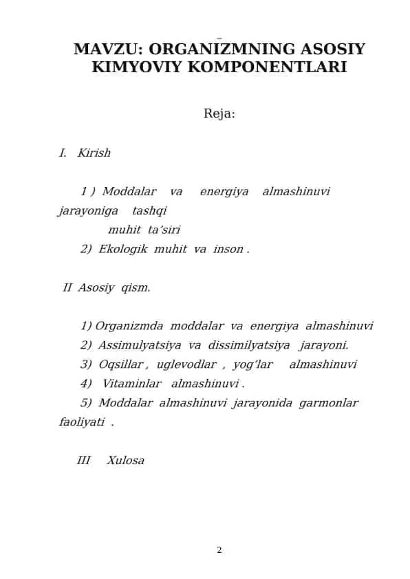 ORGANIZMNING ASOSIY KIMYOVIY KOMPONENTLARI