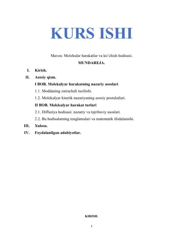 Molekular harakatlar va ko’chish hodisasi kurs ishi
