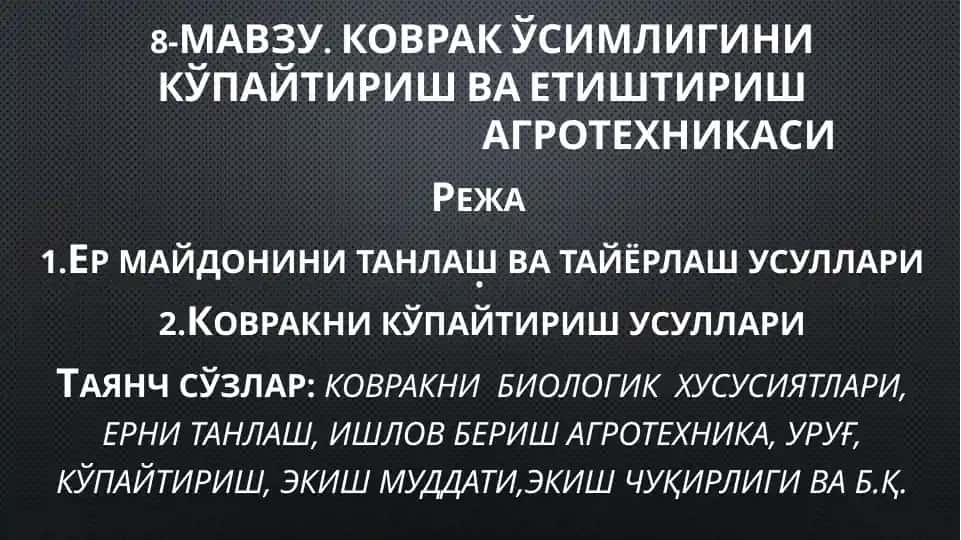 Коврак Ўсимлигини Кўпайтириш ва Етиштириш Агротехникаси
