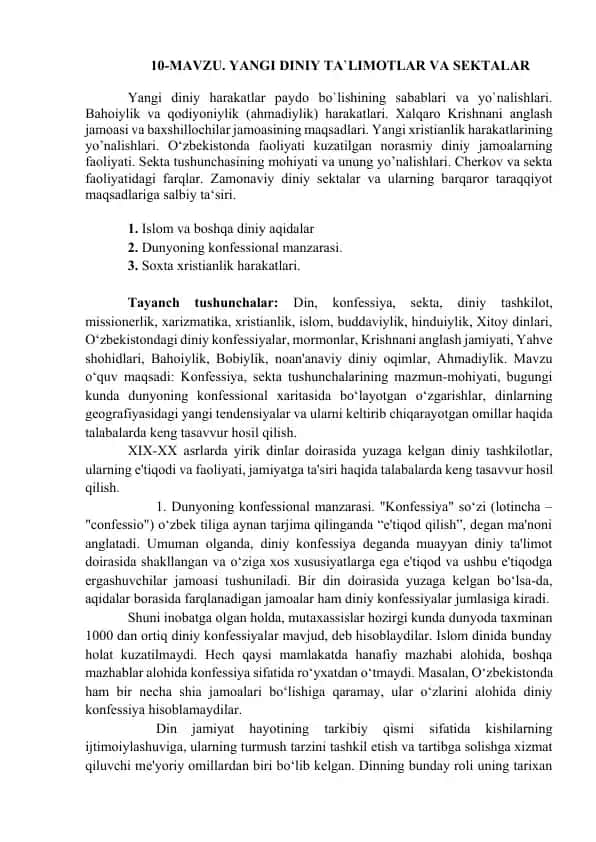 YANGI DINIY TA`LIMOTLAR VA SEKTALAR