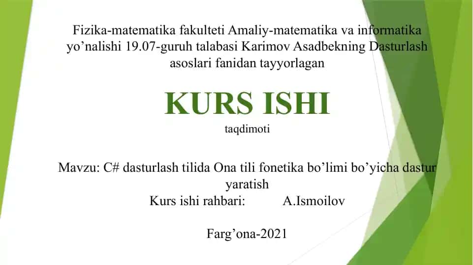 C# dasturlash tilida Ona tili fonetika bo‘limi bo‘yicha dastur yaratish
