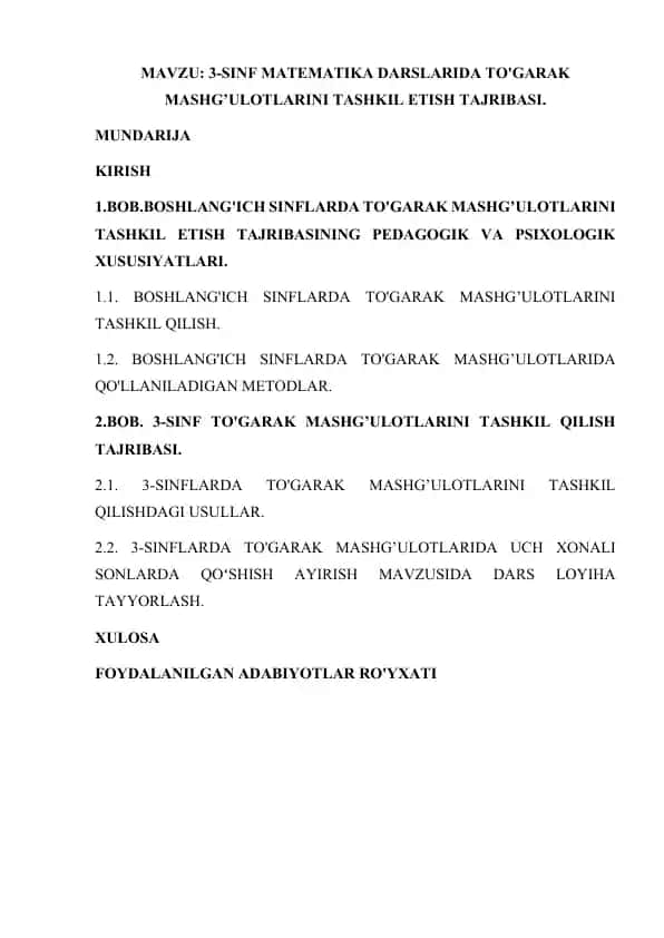 3-SINF MATEMATIKA DARSLARIDA TO'GARAK MASHG’ULOTLARINI TASHKIL ETISH TAJRIBASI