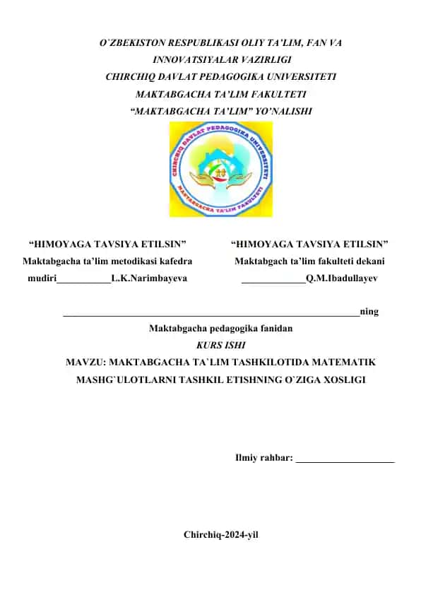 MAKTABGACHA TA`LIM TASHKILOTIDA MATEMATIK MASHG`ULOTLARNI TASHKIL ETISHNING O`ZIGA XOSLIGI
