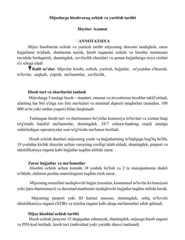Mijozlarga hisobvaraq ochish va yuritish tartibi