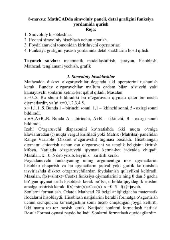 MathCADda simvolniy paneli, detal grafigini funksiya yordamida qurish