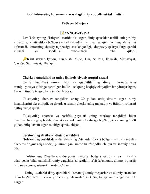 Lev Tolstoyning Iqrornoma asaridagi diniy etiqodlarni tahlil etish